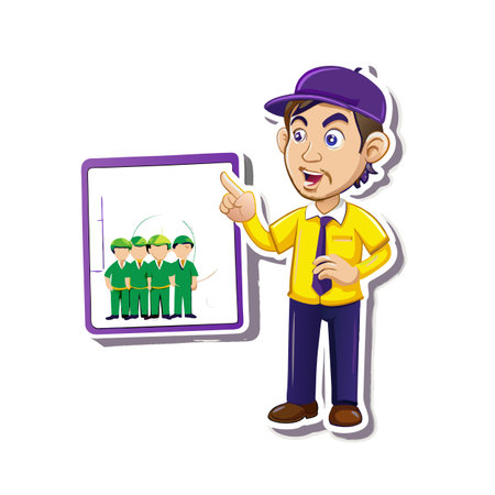 Cartoon presenter explaining growth graph of healthcare workers teamのイラスト素材
