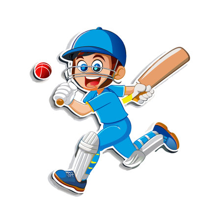 Cartoon batsman playing cricket illustration in dynamic action pose