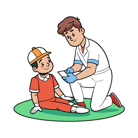Cartoon doctor examines boy patient with injured leg outdoorsのイラスト素材