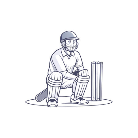 Cartoon style cricket batsman poised and ready on the field