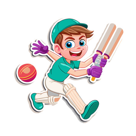 Cheerful cartoon boy playing cricket with bat and ball