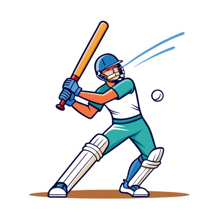 Cricket batsman poised to strike in dynamic cartoon illustration