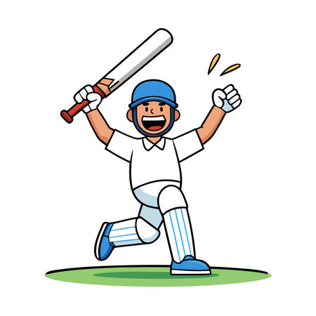 Cartoon cricket player celebrates victory with bat raised high