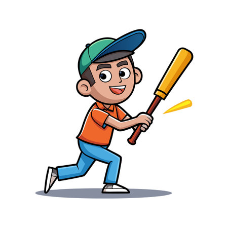 Cartoon boy swinging baseball bat with a smile on face