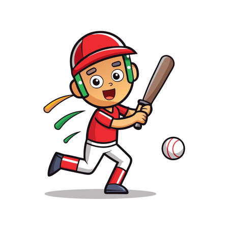 Cartoon baseball player hitting ball with bat illustrationのイラスト素材