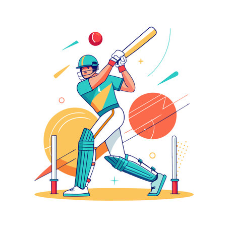 Cricket Player mid-swing with flat design and geometric elements