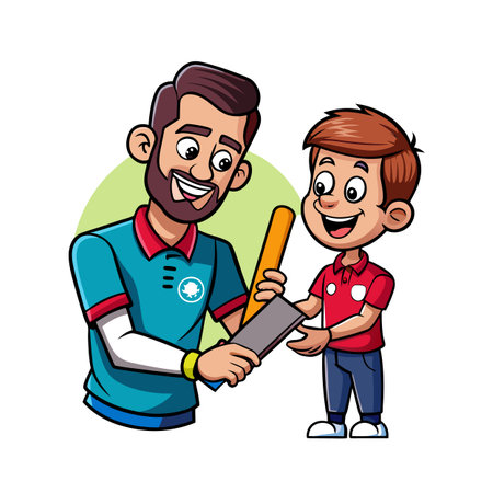 Cartoon man presenting item to happy cartoon boyのイラスト素材