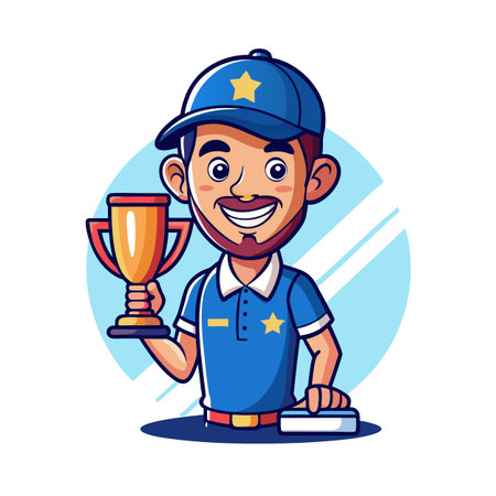 Cartoon Champion Celebrating Victory Holding Gold Trophy with Smiling Faceのイラスト素材
