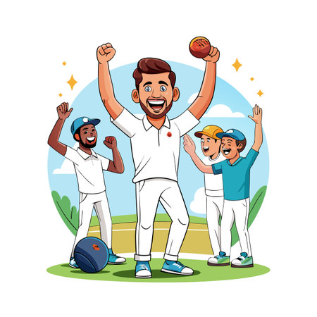 Cricket team celebrates a victory with arms raised highのイラスト素材