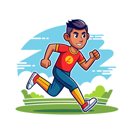 Cartoon man running outdoors with blue sky backgroundのイラスト素材