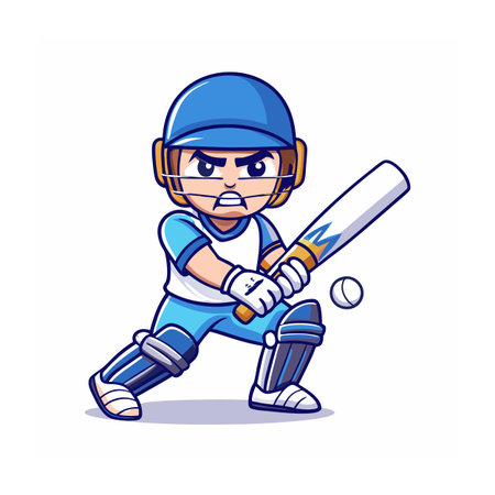 Cartoon cricketer ready to strike ball with bat