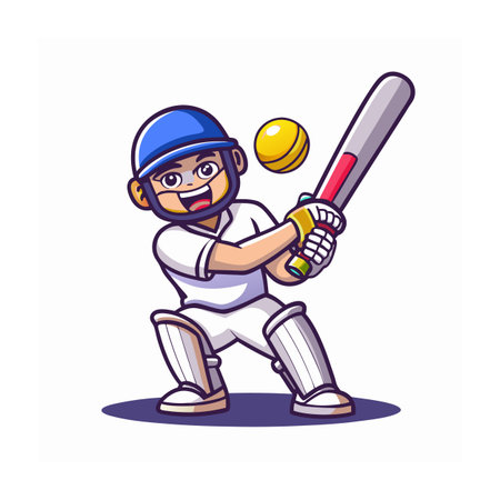 Cartoon cricket player swinging bat at yellow ball vectorのイラスト素材