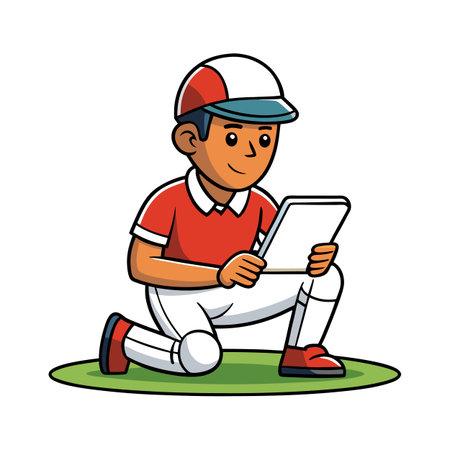 Young Baseball Player Studying Play on Tablet on Fieldのイラスト素材