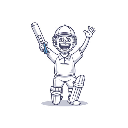 Cartoon cricketer celebrates with bat in air victory conceptのイラスト素材