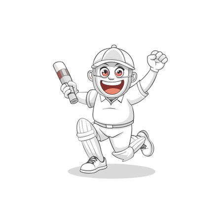 Cartoon cricket player celebrates victory holding bat in handのイラスト素材