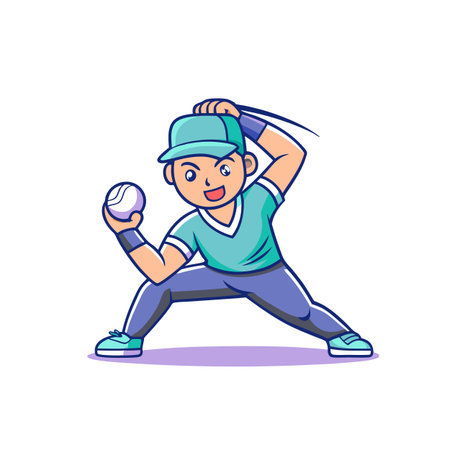Cartoon baseball player with ball ready to pitch actionのイラスト素材