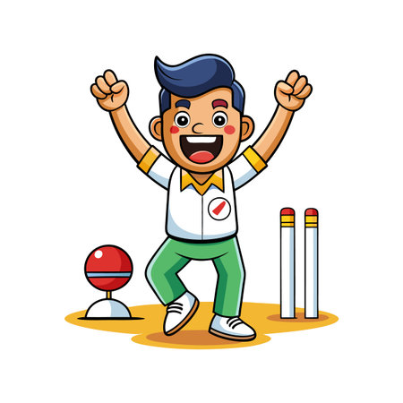 Cartoon cricket player celebrating a win with wicketsのイラスト素材