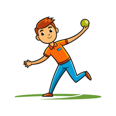 Cartoon boy preparing to throw a green ball outdoorのイラスト素材