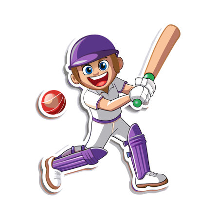 Cartoon cricket player poised to hit a cricket ball