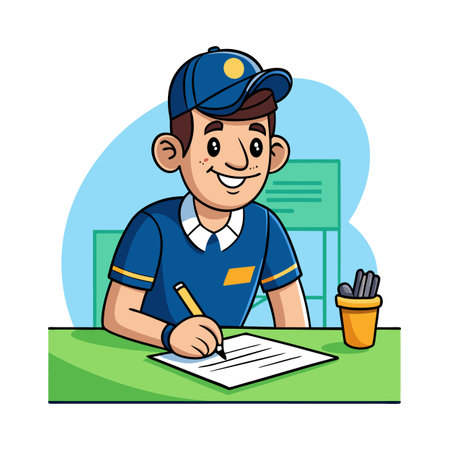 Cartoon student writing or drawing at his green deskのイラスト素材