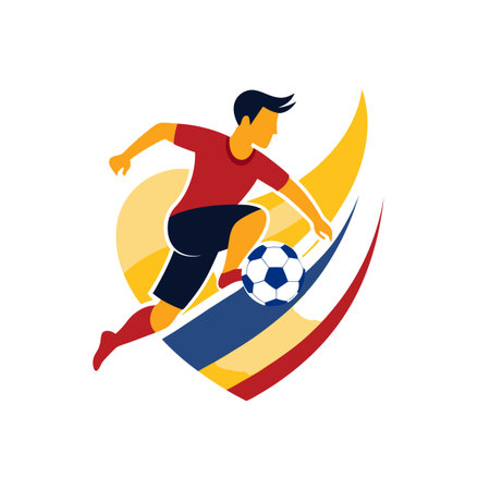 Dynamic soccer player kicking ball with abstract colorful shapesのイラスト素材