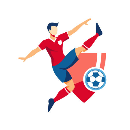 Dynamic soccer player kicking the ball, flat vector illustrationのイラスト素材