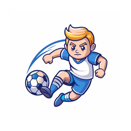 Cartoon soccer player kicking ball with focused expressionのイラスト素材
