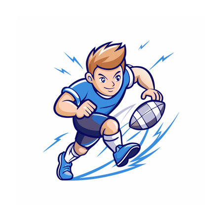 Cartoon rugby player running fast with ball in handのイラスト素材