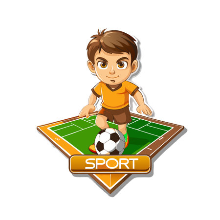 Cartoon boy kicking soccer ball on field illustrationのイラスト素材