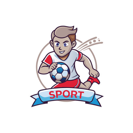 Soccer player illustration in action pose with ball and bannerのイラスト素材