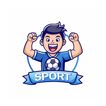 Cartoon soccer player celebrating victory with a ribbon bannerのイラスト素材
