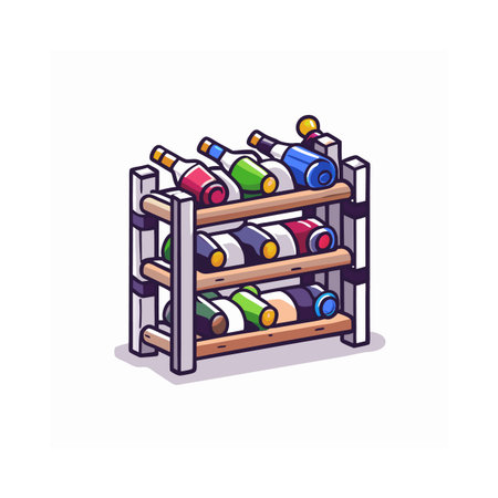 Colorful wine bottles in wooden rack isometric illustrationのイラスト素材
