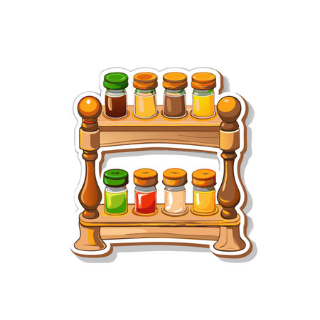 Spice rack with glass jars filled with colorful ingredientsのイラスト素材