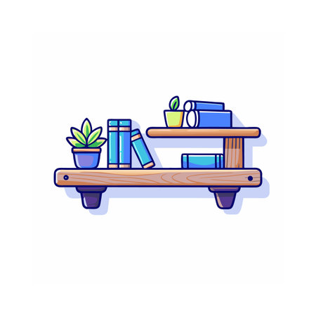 Stylized bookshelf illustration with books and potted plantsのイラスト素材