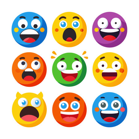 Colorful Emoji Faces Collection Expressing Different Emotions on White Backgroundのイラスト素材
