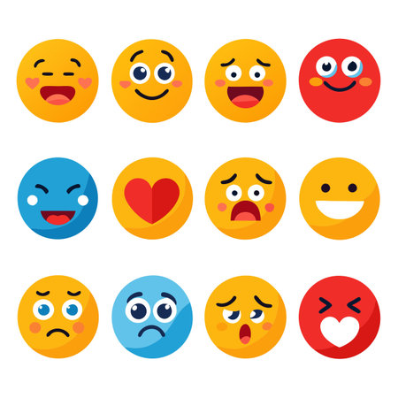 Collection of colorful emoticon faces with varied expressions displayedのイラスト素材