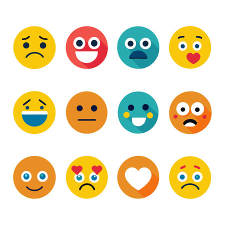 Collection of colorful flat design emoji expressions on white backdropのイラスト素材
