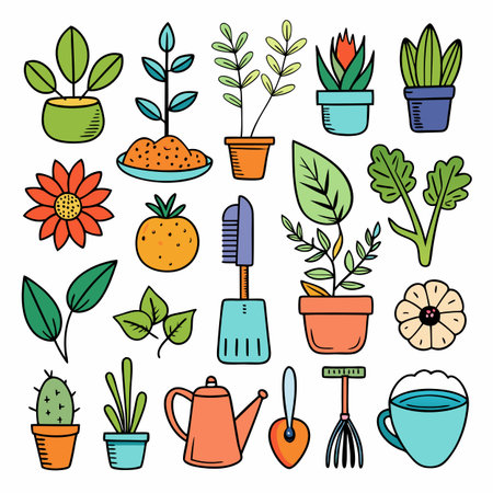 Cartoon garden set with gardening tools and plants in potsのイラスト素材