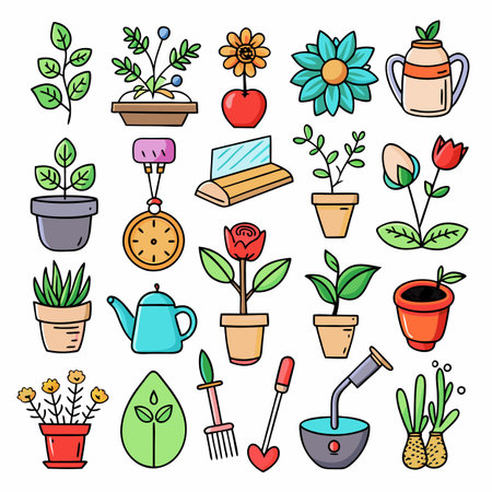 Colorful gardening tools and plants arranged on white backgroundのイラスト素材