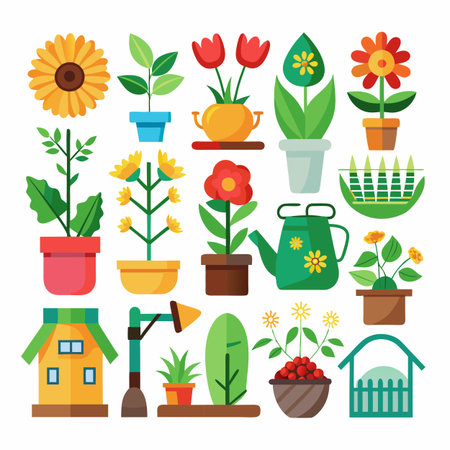 Flat design vector illustration of garden and plant elementsのイラスト素材