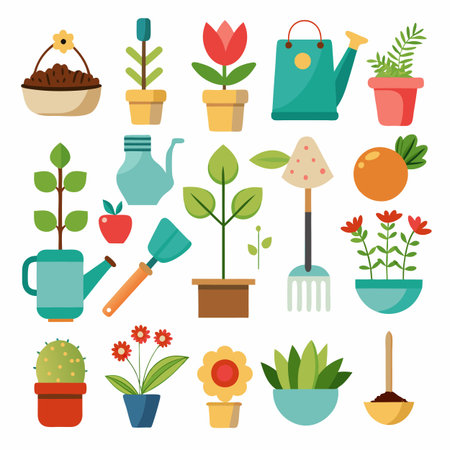 Flat design gardening tools and plants arranged symmetrically patternのイラスト素材