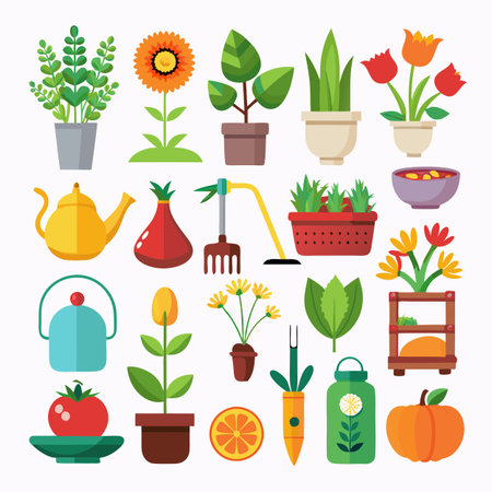 Flat vector illustration of various gardening objects on whiteのイラスト素材