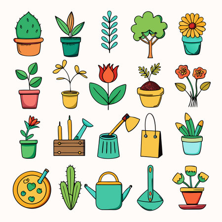 Botanical doodle collection of plants and gardening equipment itemsのイラスト素材