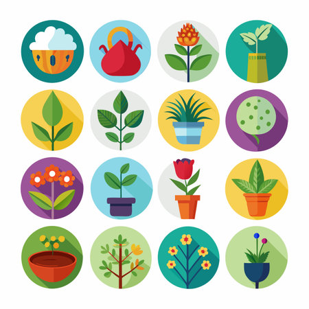 Collection of colorful flat design plants and gardening iconsのイラスト素材