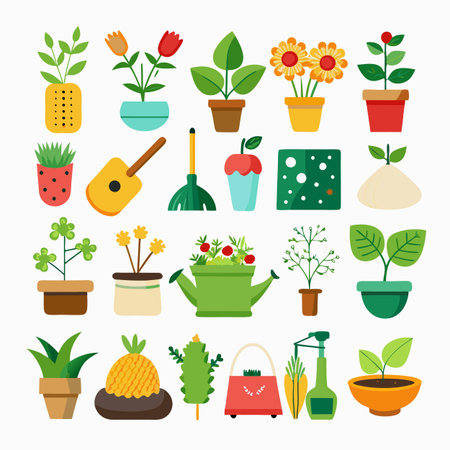 Collection of potted plants and gardening tools illustrationのイラスト素材