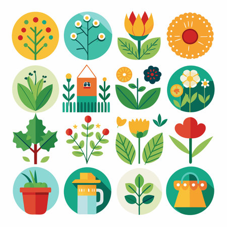 Botanical flat design icons with house and gardening toolsのイラスト素材