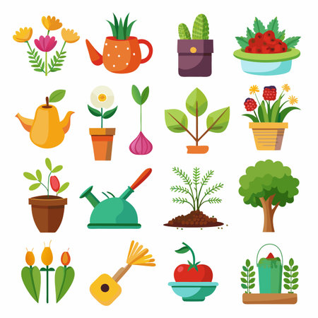 Collection of plants and gardening tools in flat styleのイラスト素材