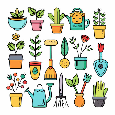 Gardening icons set with pots, plants, and toolsのイラスト素材