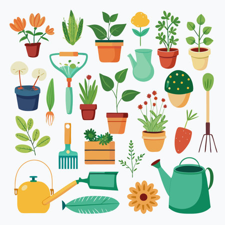 Collection of vector gardening tools and potted plants setのイラスト素材