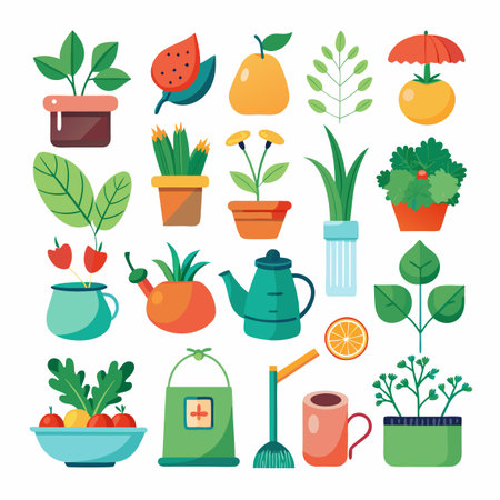 Cheerful Garden Tools and Produce Vector Illustration Setのイラスト素材